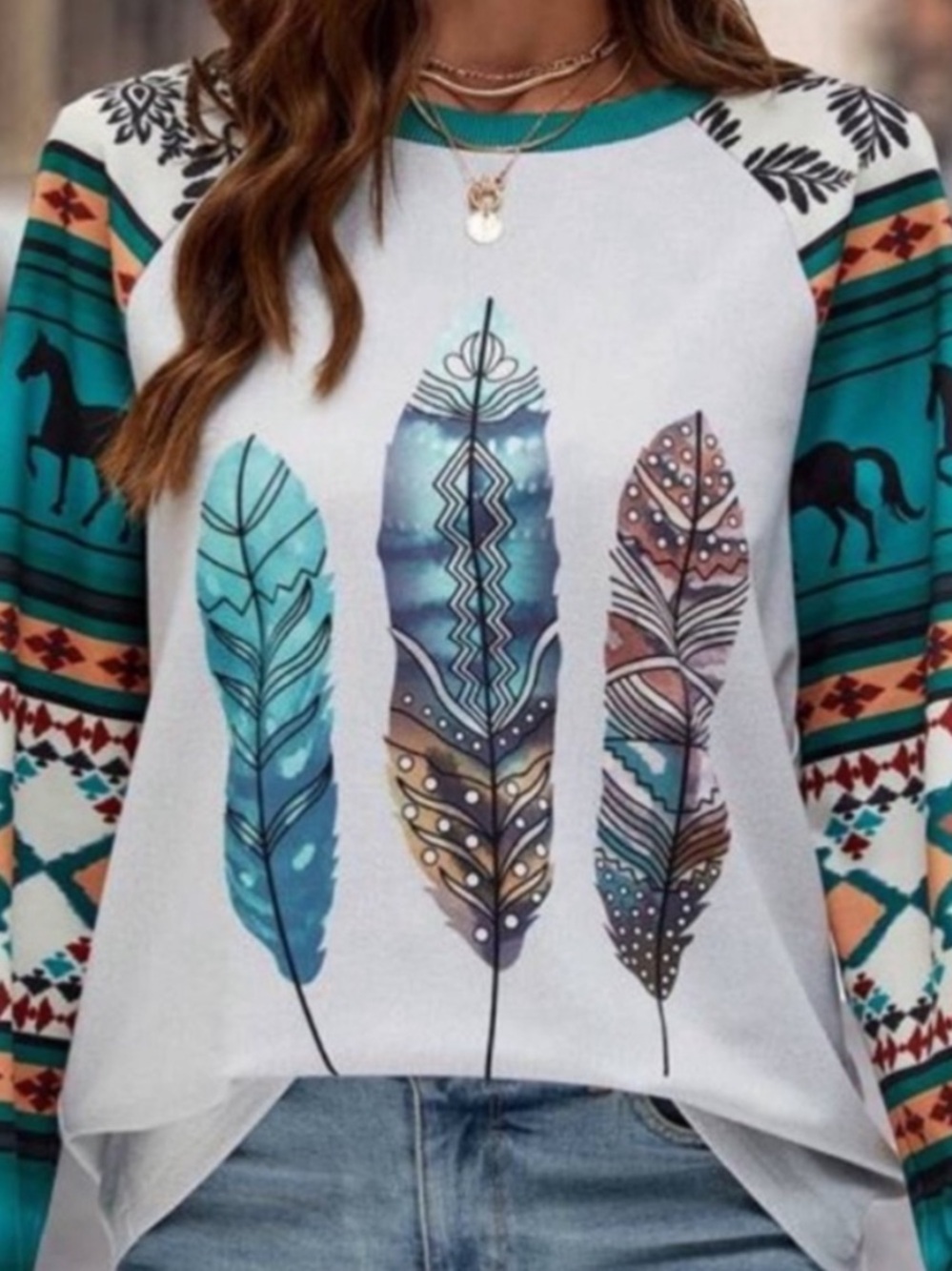 🌵Aztec Feather Print Raglan Sleeve Top